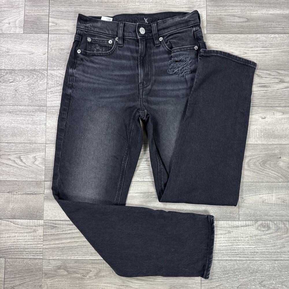 American Eagle Super High Rise Ankle Straight Jeans Ripped Black Wash sz 00